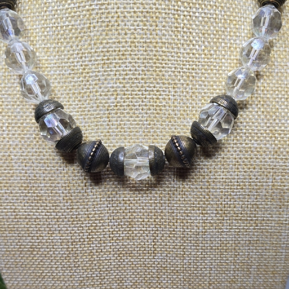 Faceted Acrylic Beads w/ Iridescent Coating & Bronze Color Metal Bead Necklace